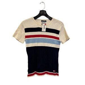 Tommy Hilfiger Womens Ribbed Knit Tee Shirt M White Striped 100% Cotton NWT